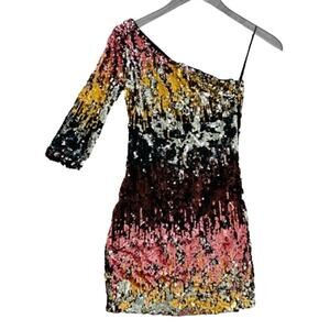Vintage Bebe Metallic Silver/Gold/Purple Sequin One Shoulder NYE Dress XS